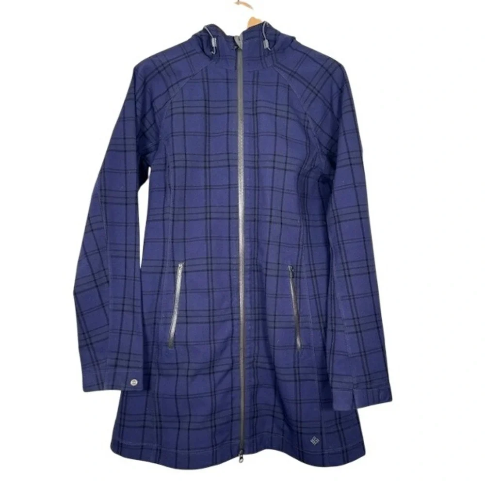 Columbia‎ Women's Plaid Hooded Softshell Jacket Thermal Omni Heat Blue Black -M